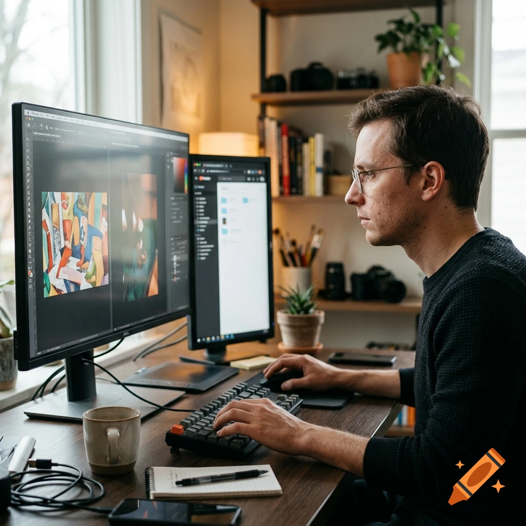 Man wearing glasses sitting at a wooden desk, typing on a mechanical keyboard in front of dual monitors displaying graphic design software.