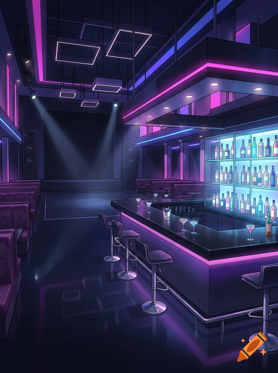Anime style interior of an empty nightclub with a glowing bar and purple neon lights.