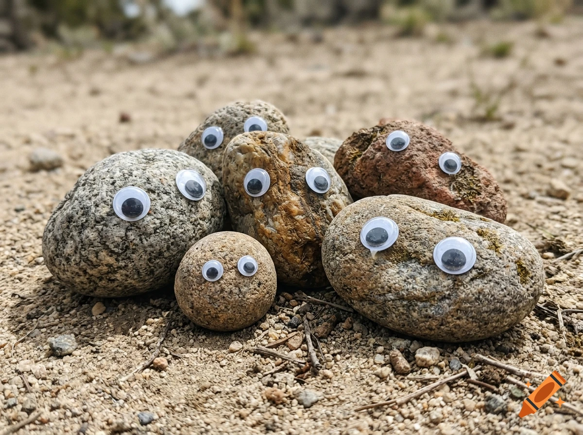 Close-up photograph of several smooth rocks with googly eyes attached, sitting on sandy dirt ground.