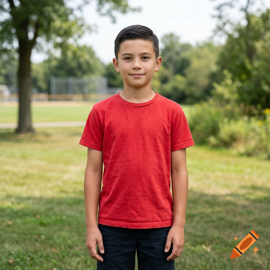 Photorealistic portrait of a young boy standing outdoors in a park wearing a red t-shirt.