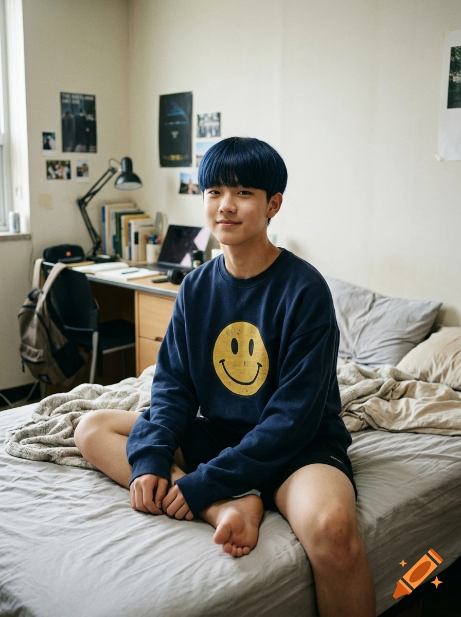 Photorealistic photo of a teenage boy with blue bowl-cut hair sitting on a bed in a dorm room, wearing a smiley face sweatshirt.