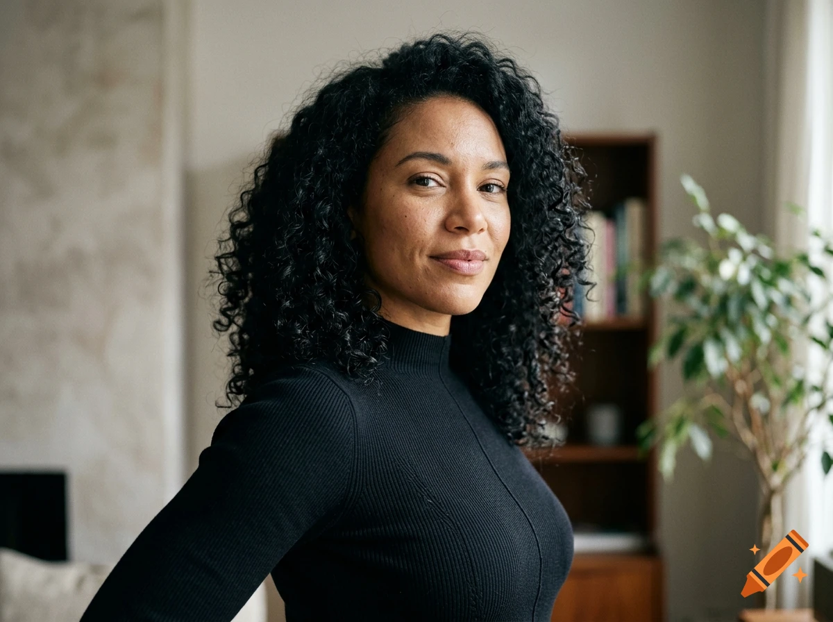 Photorealistic portrait of a woman with dark curly hair wearing a black turtleneck in a room with a bookshelf and a plant.