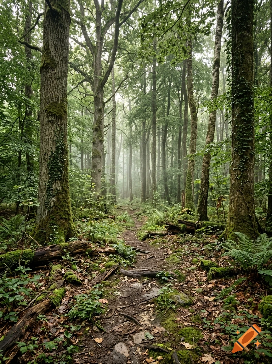 Photorealistic image of a narrow dirt path winding through a dense, foggy forest with tall mossy trees.