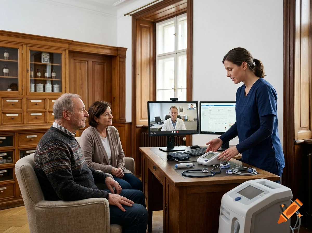 Photorealistic scene of a telemedicine consultation in a historic apothecary office with a doctor on screen.