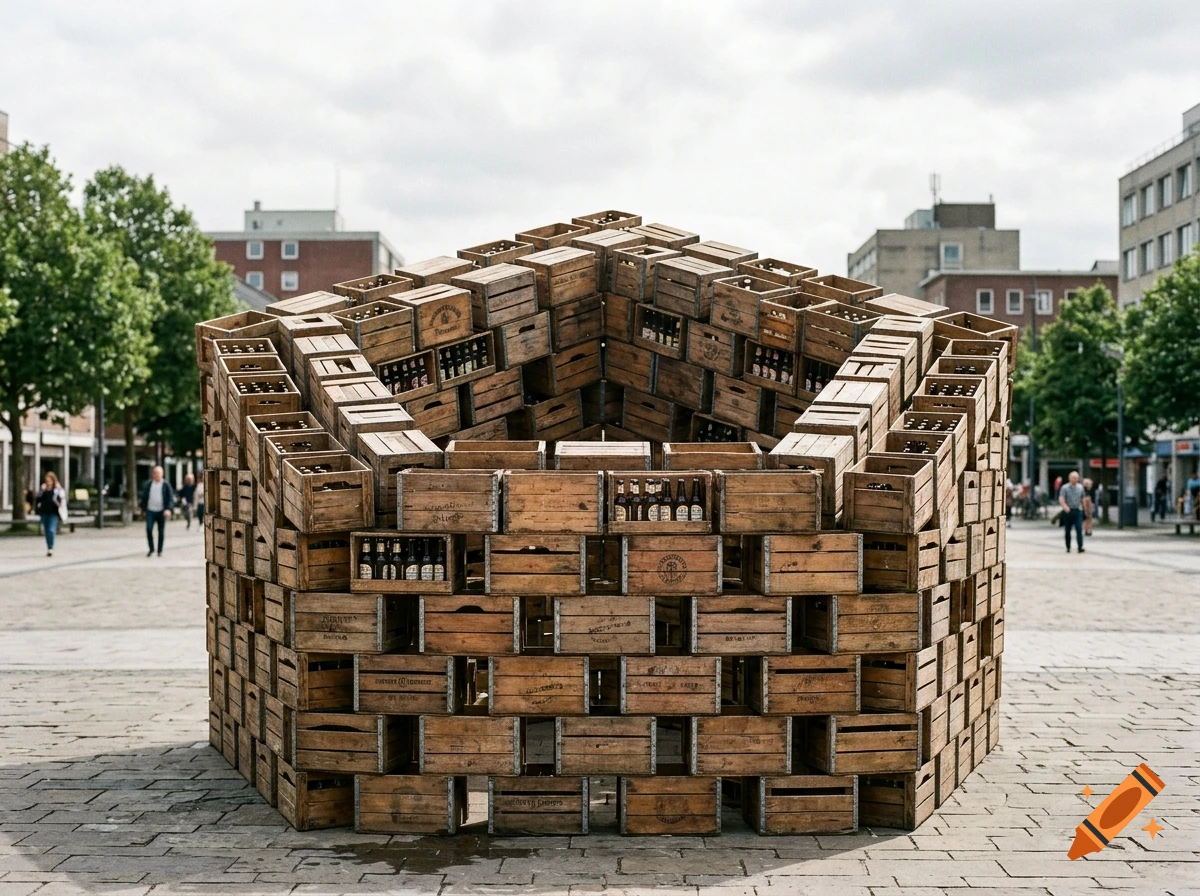 A pentagon-shaped architectural installation constructed out of stacked wooden beer crates in a public plaza, photorealistic.