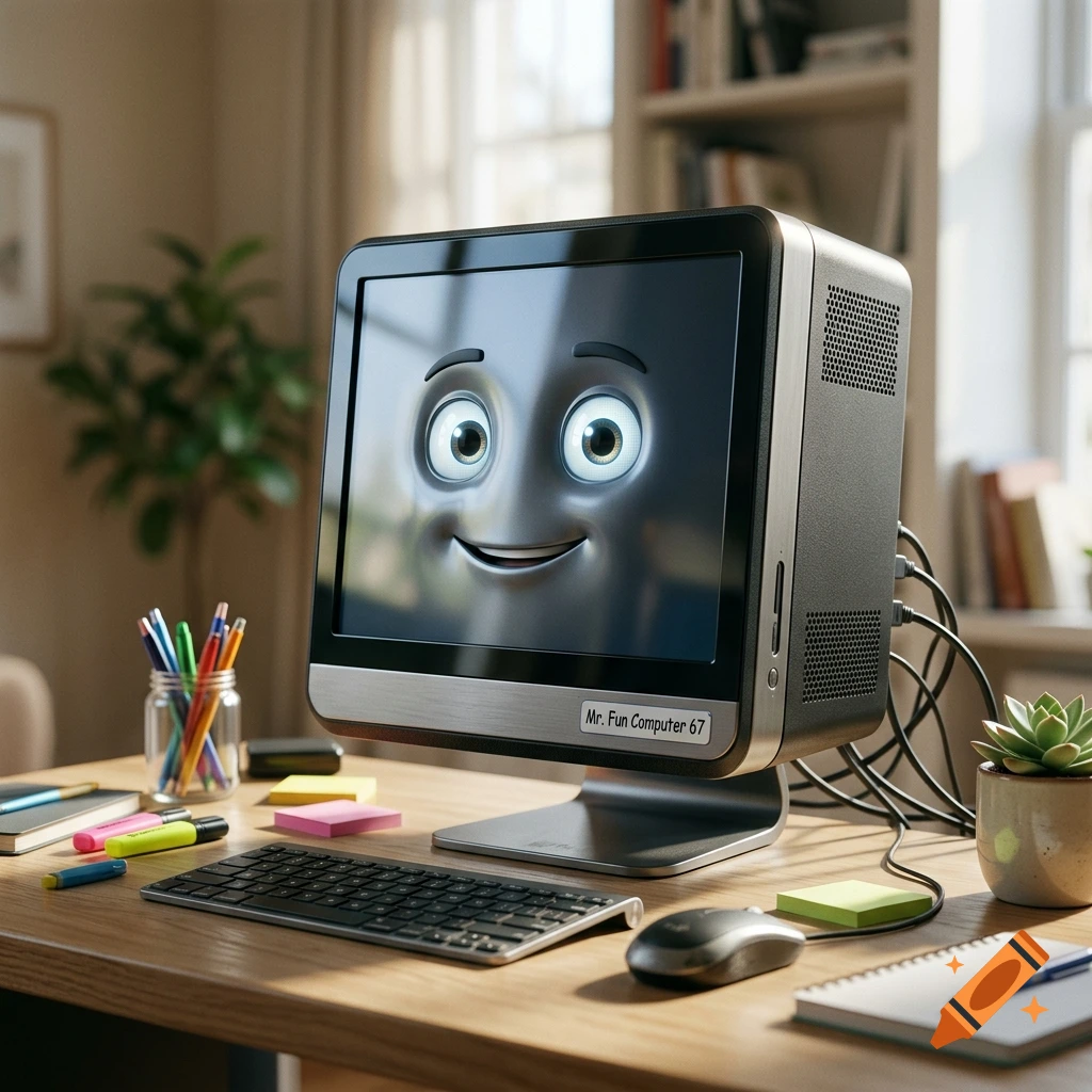A photorealistic 3D render of a computer monitor with a friendly cartoon face on the screen, sitting on a wooden desk.