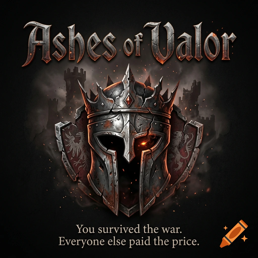 Dark fantasy logo featuring a damaged medieval helmet with a glowing eye, set against a shield and castle ruins, with the title Ashes of Valor.