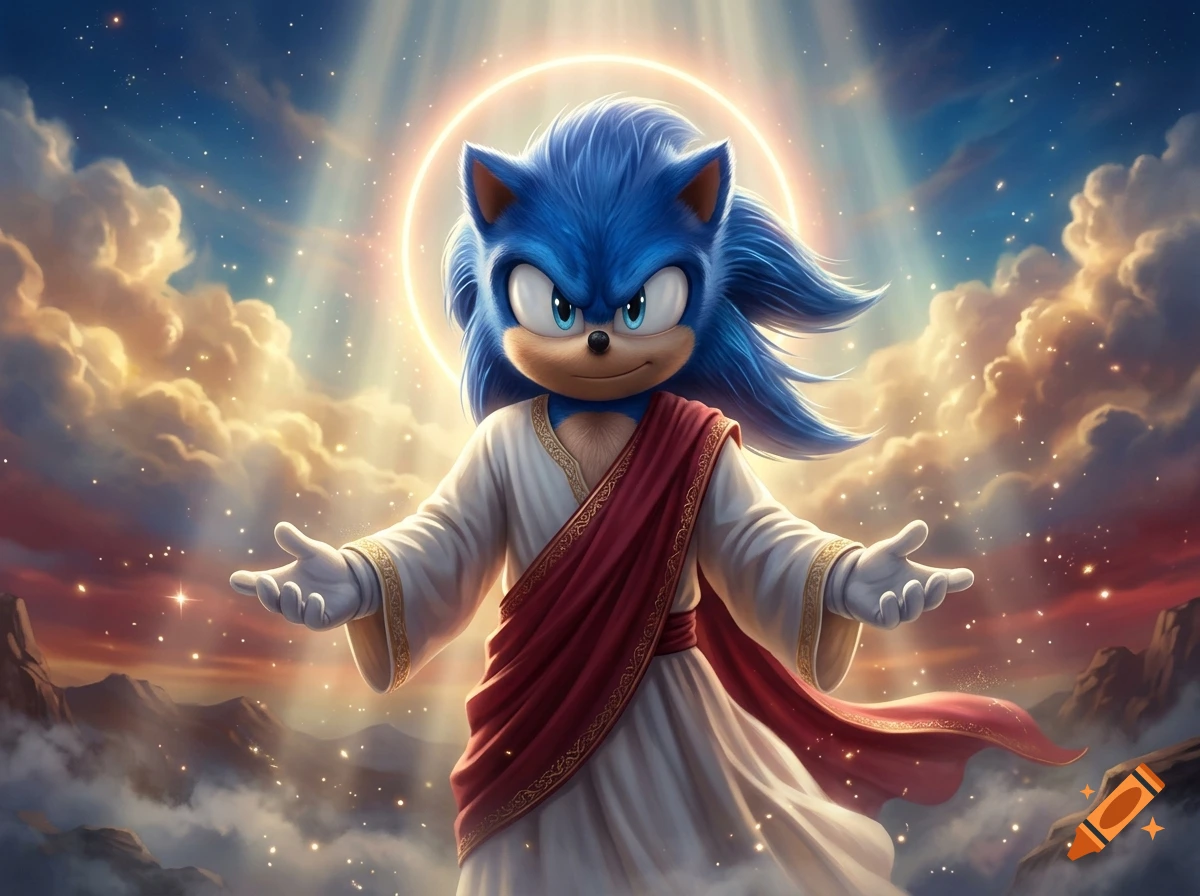 Sonic the Hedgehog depicted as Jesus Christ with a halo and glowing robes against a dramatic sky with clouds and light rays.