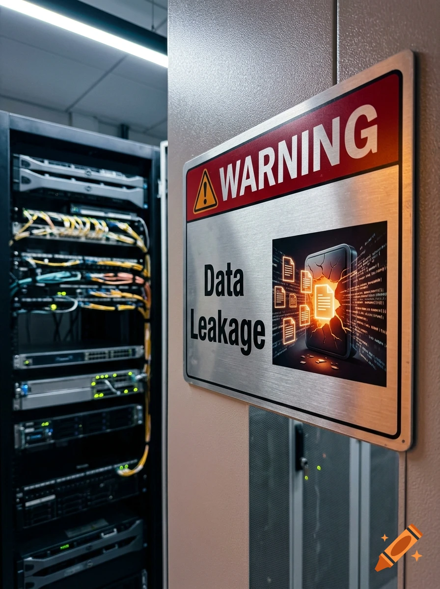 A metallic warning sign reading Data Leakage mounted on a server rack with blinking lights and tangled cables.