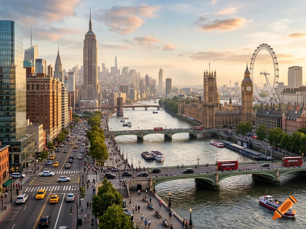 Surreal mashup of New York City and London featuring the Empire State Building, Big Ben, and the London Eye along a shared river.