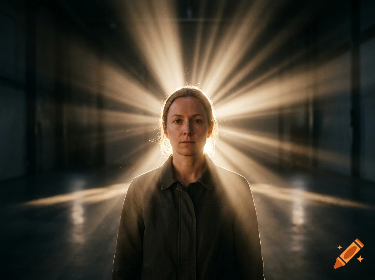 Photorealistic portrait of a person facing forward in a dark warehouse with dramatic volumetric light rays bursting behind them.