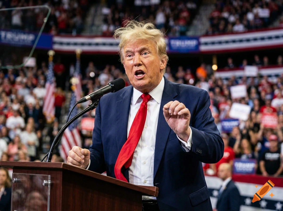 Photorealistic image of Donald Trump speaking at a podium in front of a crowd with American flags.