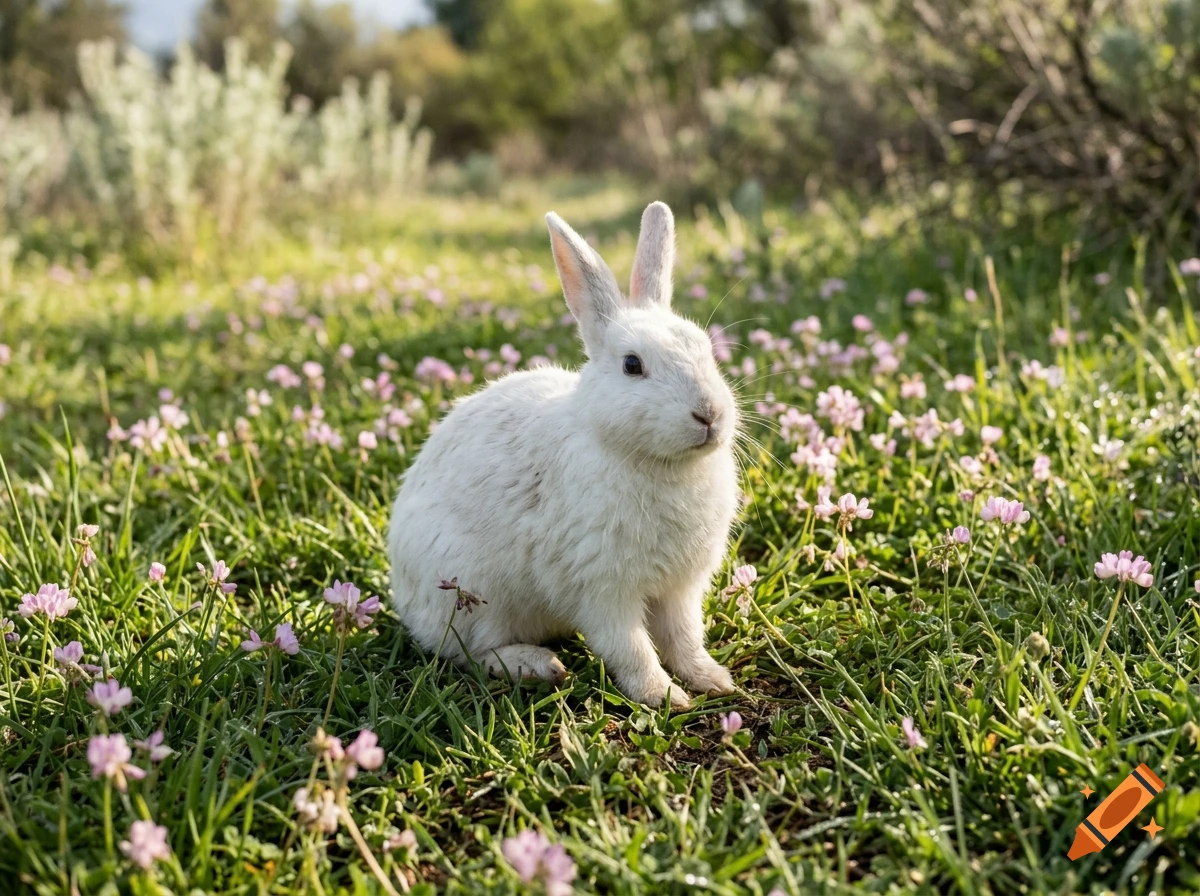 Photorealistic image of a fluffy white rabbit sitting in a green grassy field filled with small pink flowers under soft morning sunlight.