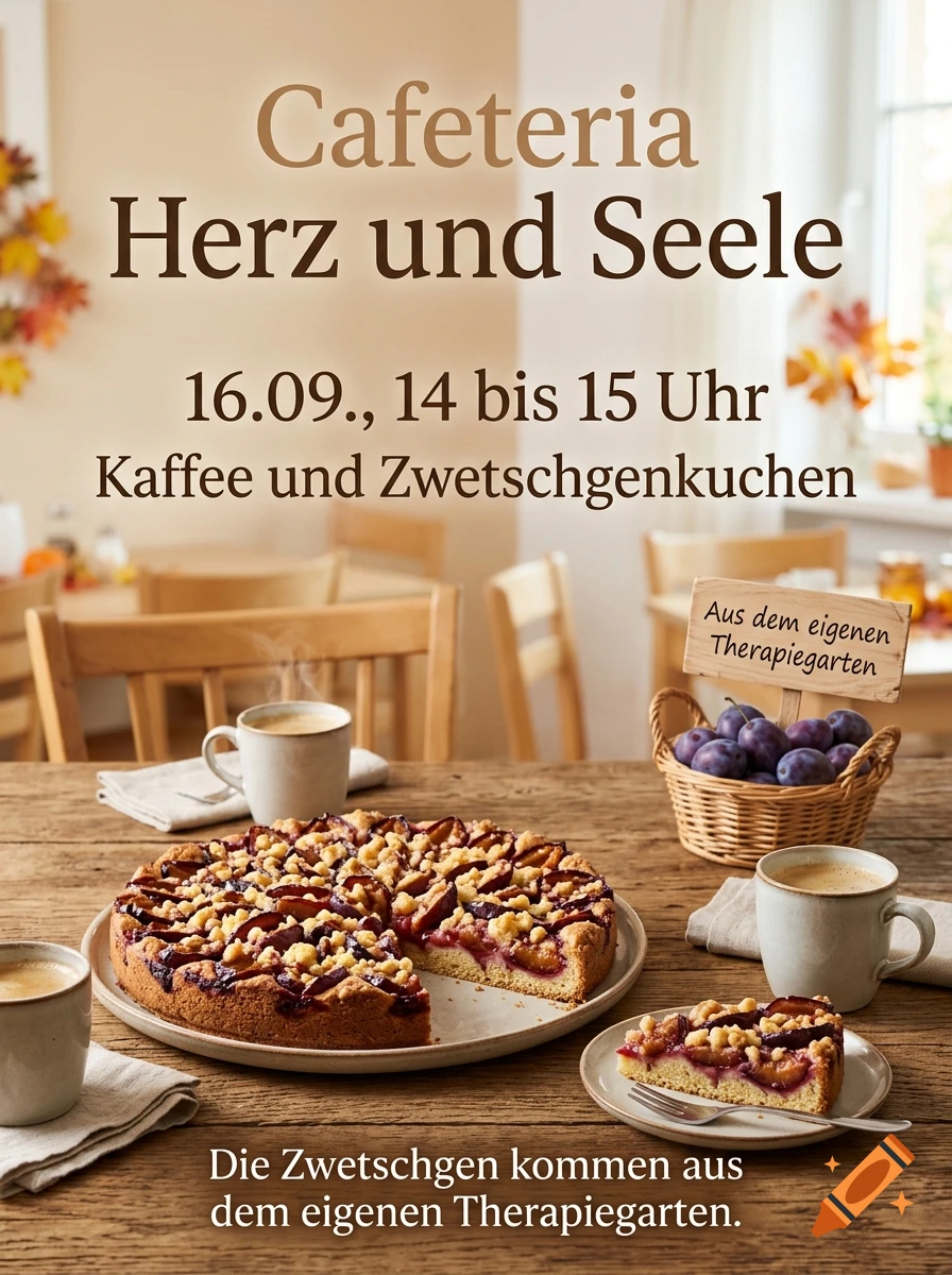 Photorealistic poster for a cafeteria with plum crumble cake, coffee, and a small sign reading 'Aus dem eigenen Therapiegarten'.