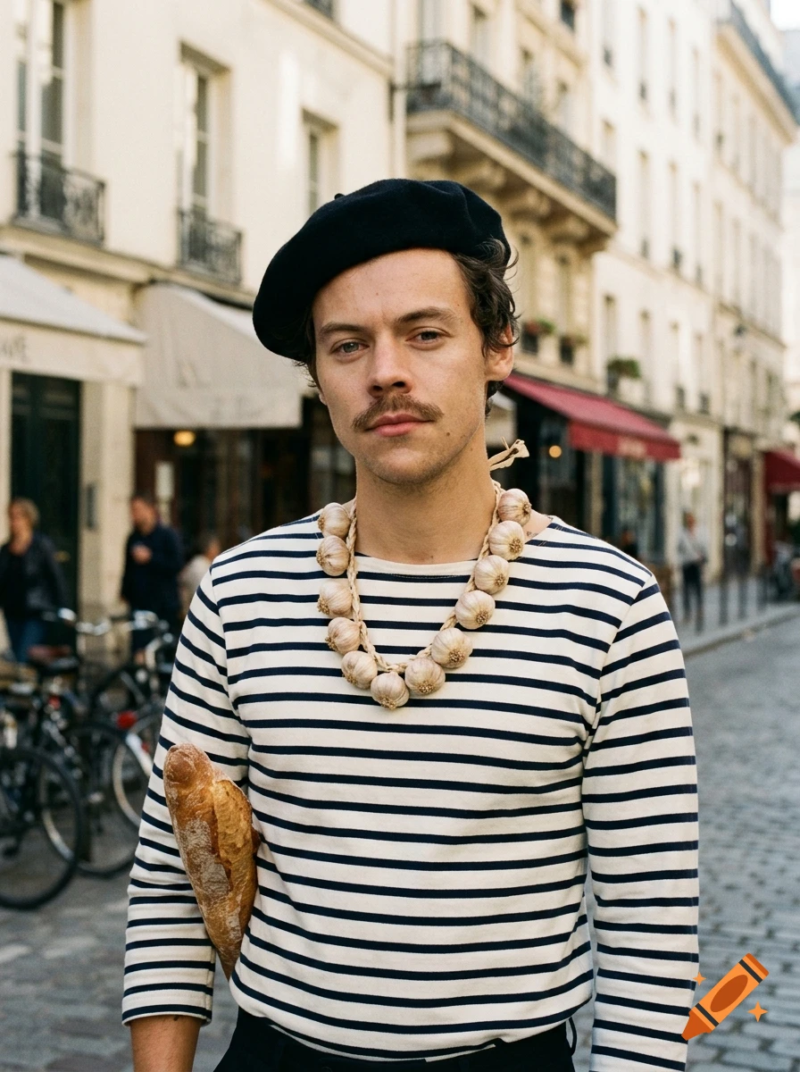 Photorealistic portrait of a man resembling Harry Styles with a mustache, beret, garlic necklace, and holding a baguette in Paris.