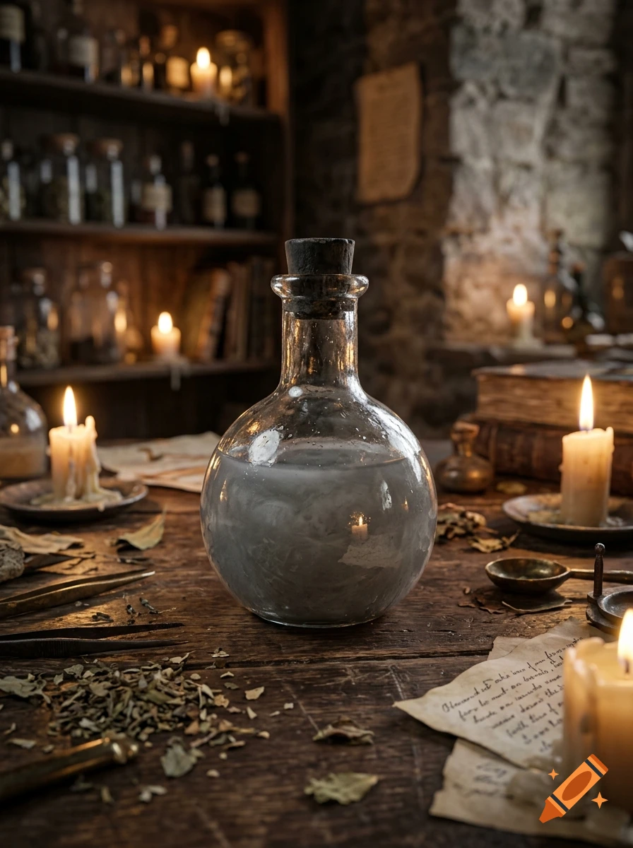 Photorealistic wizard's desk with a round glass bottle containing a swirling gray potion, surrounded by candles, herbs, and parchment.
