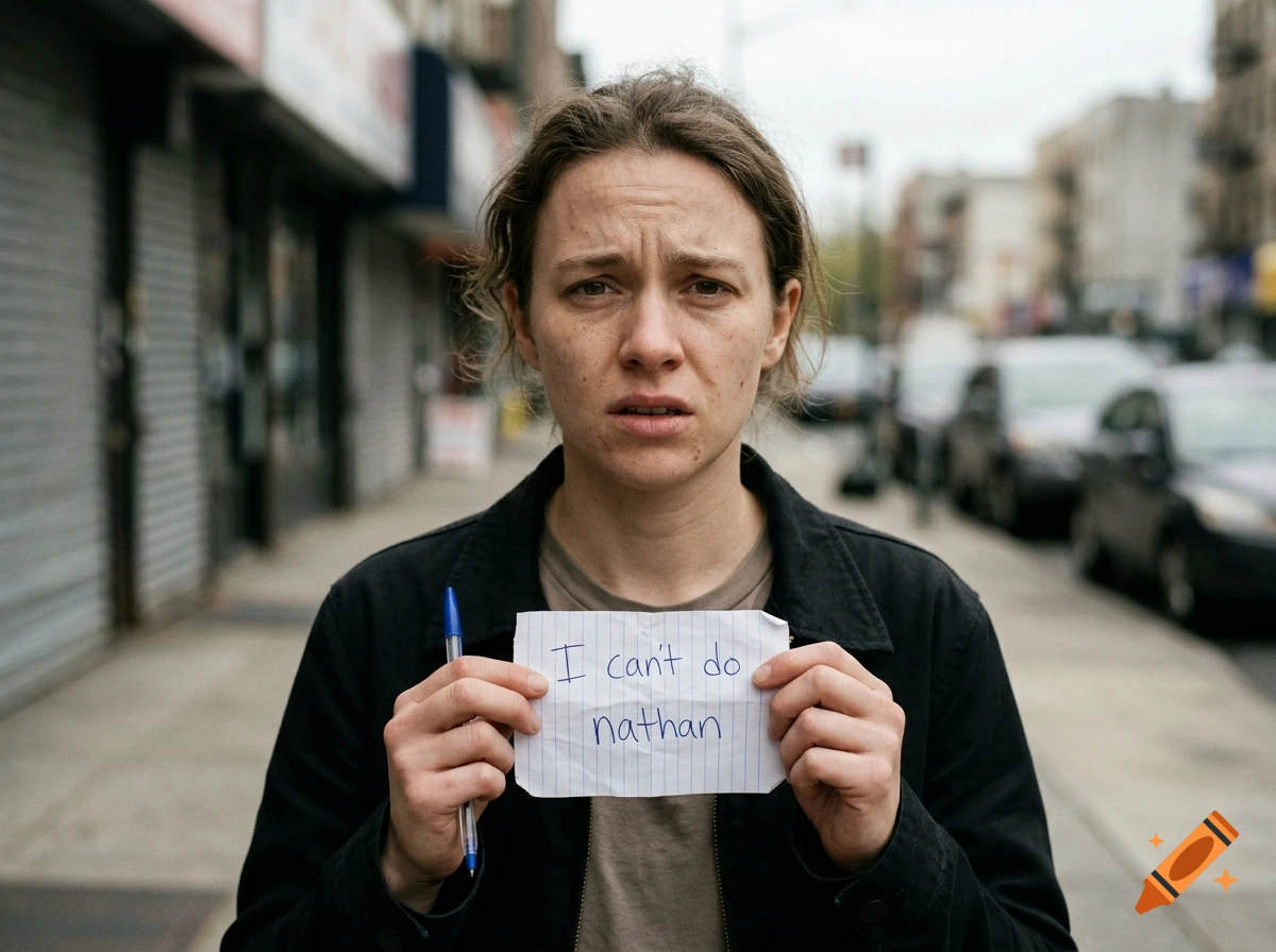 A photorealistic portrait of a distressed person holding a handwritten note that reads 'I can't do nathan' on a city street.