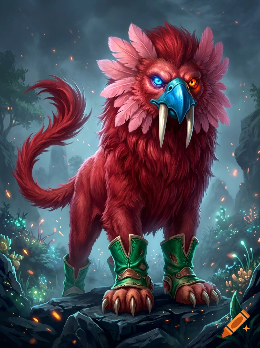 Digital painting of a red fantasy creature resembling a griffin with a blue beak, white tusks, pink feathers, and green boots.