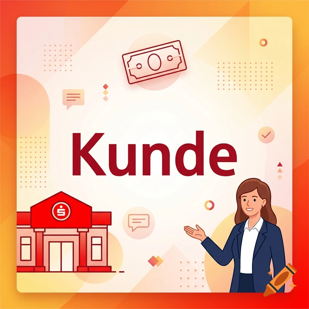 Digital illustration in corporate design featuring the word Kunde, a bank building, a smiling advisor, and a money icon.
