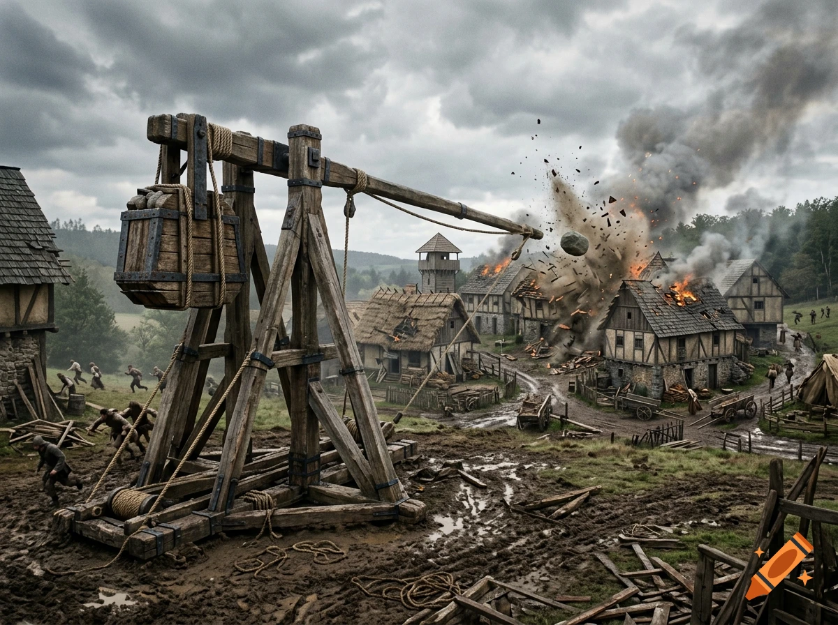 Photorealistic shot of a large wooden trebuchet attacking and destroying a medieval village with flying boulders and fire.