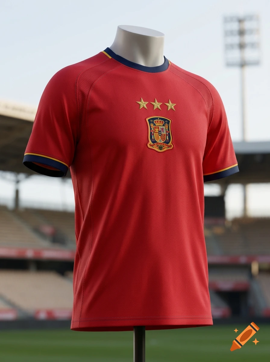 A photorealistic red soccer jersey of Spain with three golden stars displayed on a mannequin inside a stadium.