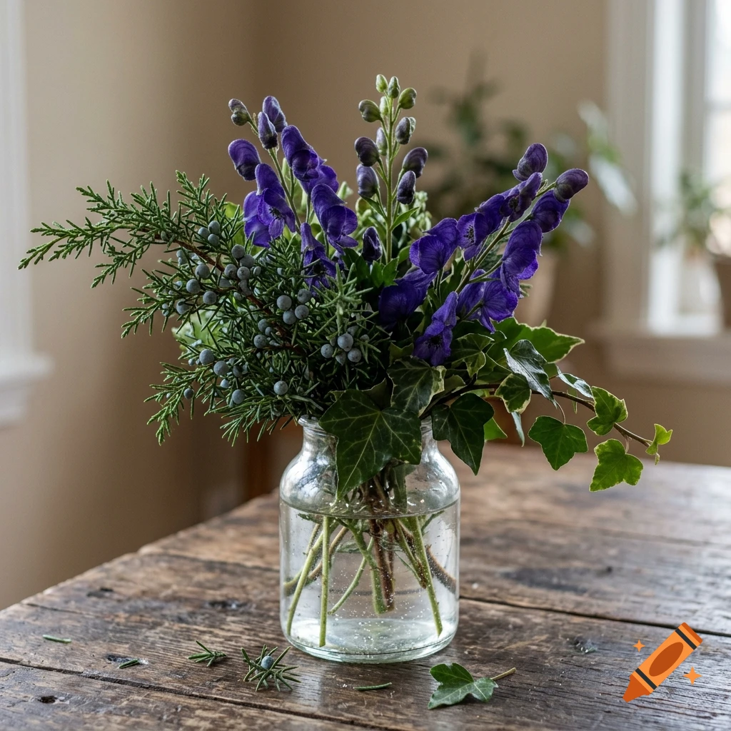 Photorealistic bouquet of purple monkshood, juniper branches with berries, and ivy in a glass vase on a rustic wooden table.