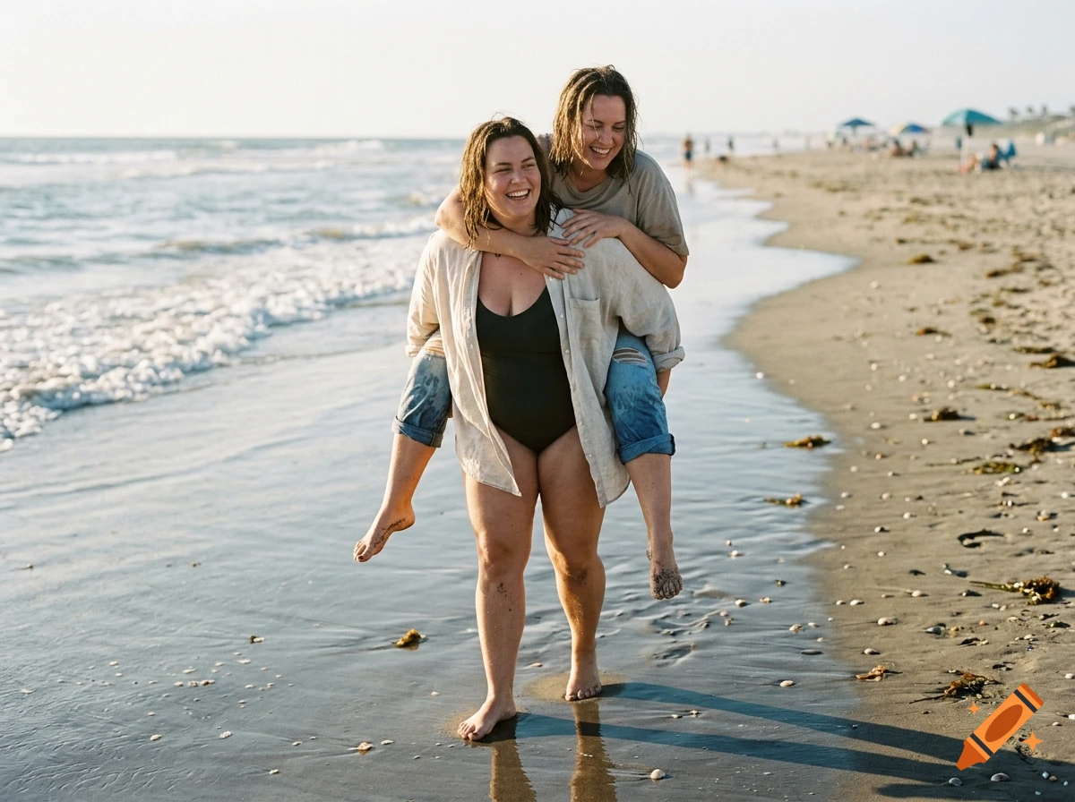 Two women smiling and laughing as one gives the other a piggyback ride on a sandy beach near the ocean, photorealistic.