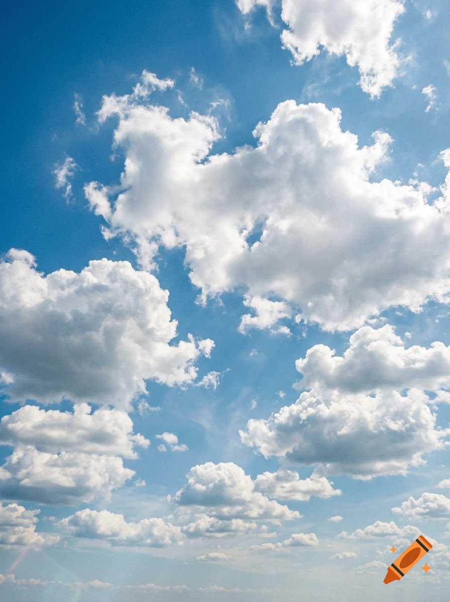 Photorealistic blue sky filled with scattered white cumulus clouds.