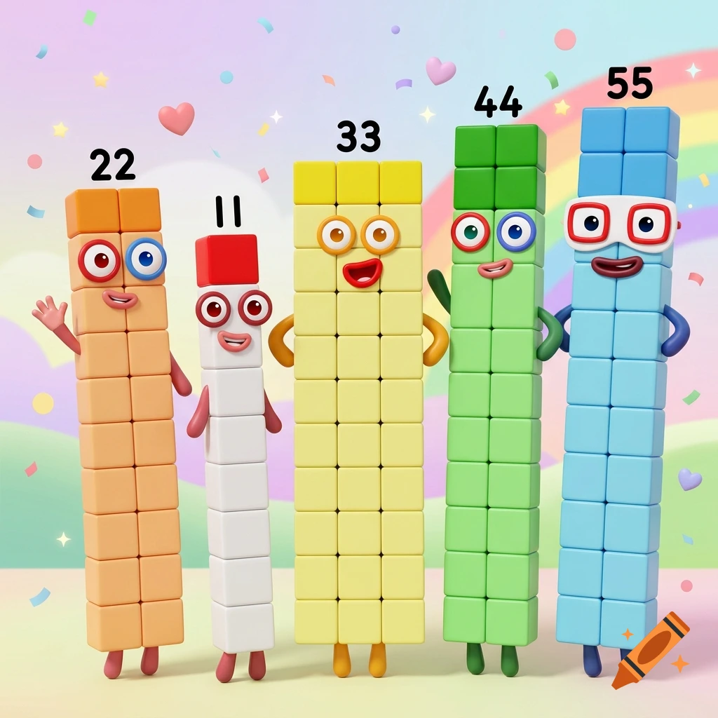 3D cartoon block characters of Numberblocks 22, 11, 33, 44, and 55 standing together smiling in front of a pastel rainbow background.