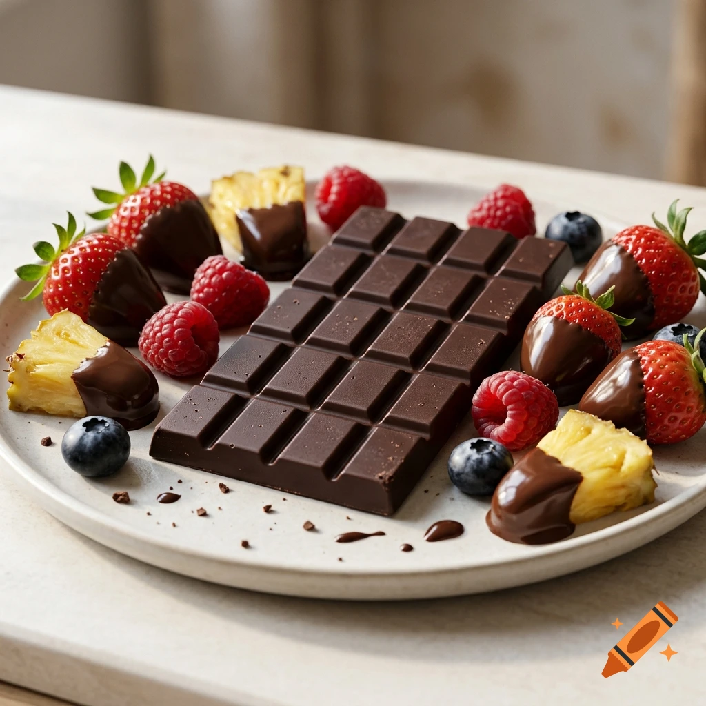 Photorealistic image of a chocolate bar and chocolate-dipped fruit including strawberries, raspberries, pineapple, and blueberries on a white plate.