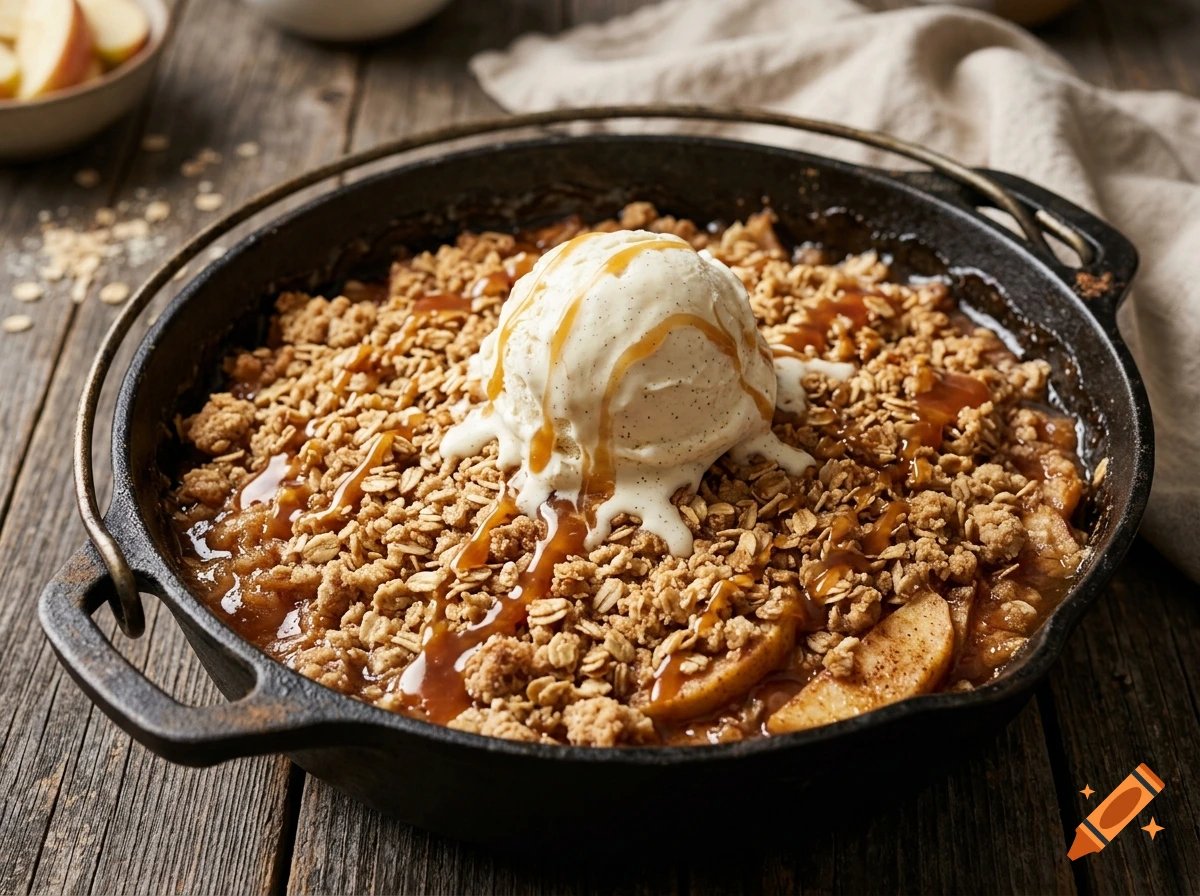 Photorealistic shot of a warm apple crisp in a black cast iron Dutch oven, topped with a scoop of vanilla ice cream and caramel drizzle.