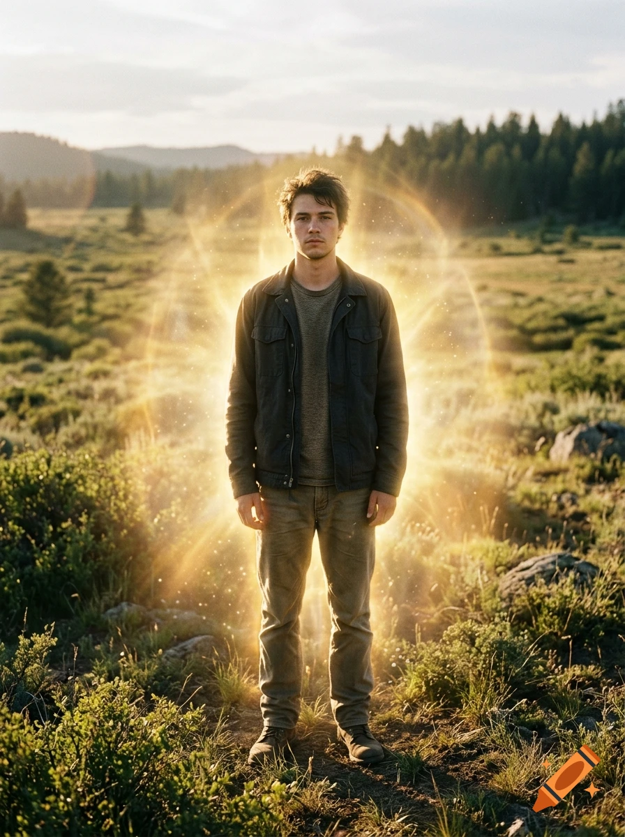 Photorealistic portrait of a young man standing in a grassy field with a large glowing golden aura surrounding him.