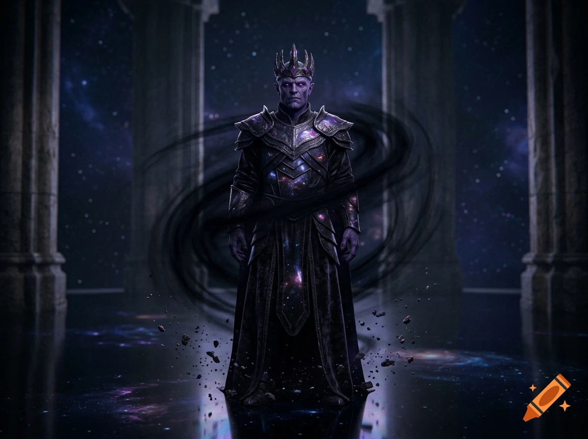Photorealistic digital painting of a purple-skinned void king with a crown and galaxy-patterned armor standing in a stone hall.