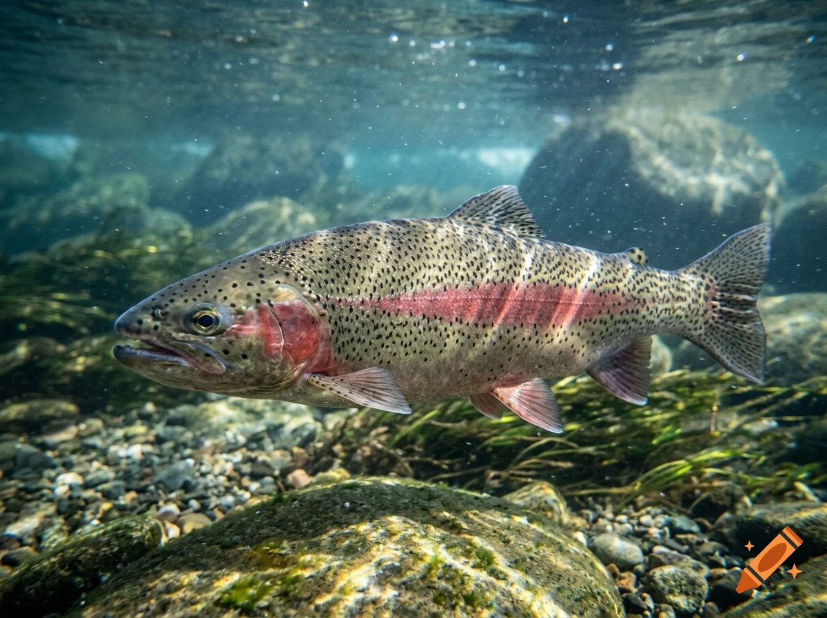 Photorealistic underwater view of a hybrid trout swimming in a clear river over rocks.
