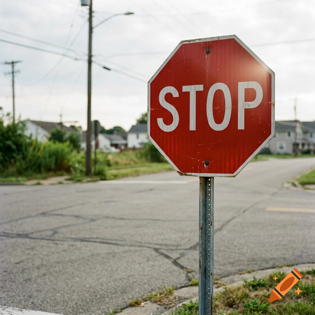 A close-up of a red octagonal stop sign on a metal post at an empty suburban intersection, photorealistic.