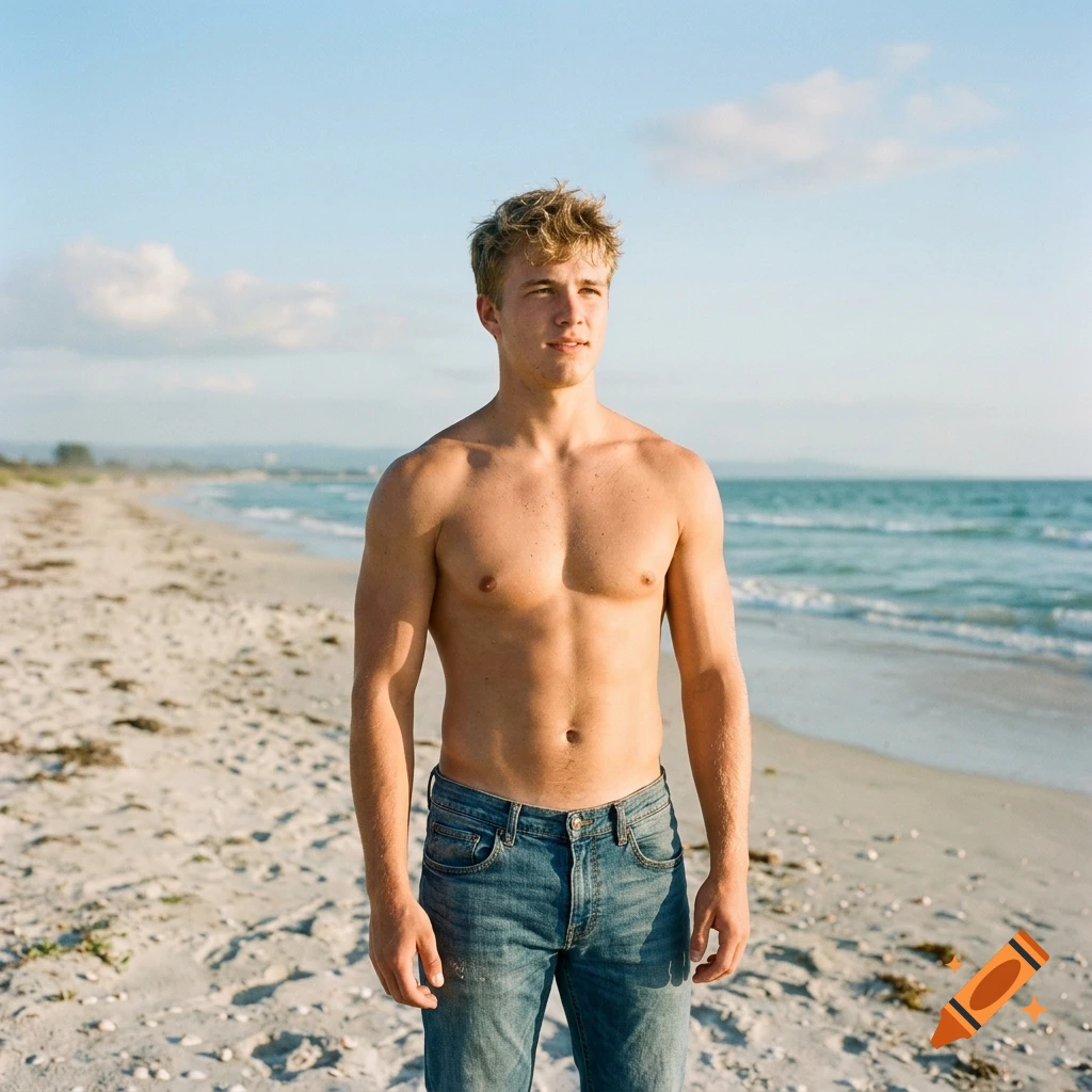 Photorealistic image of a shirtless muscular young man standing on a sandy beach wearing blue jeans with the ocean in the background.
