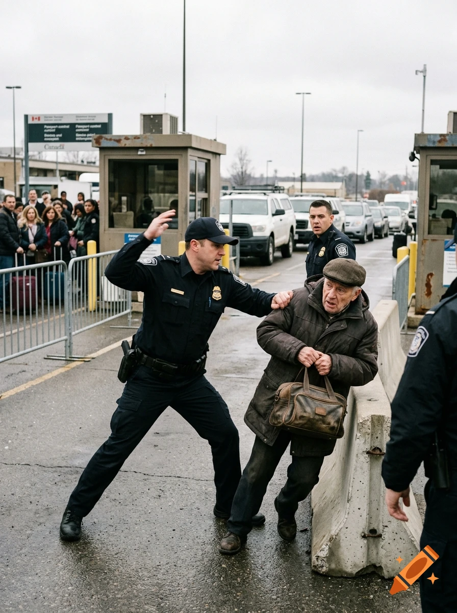 Photorealistic image of a customs officer detaining an elderly man at a border checkpoint.