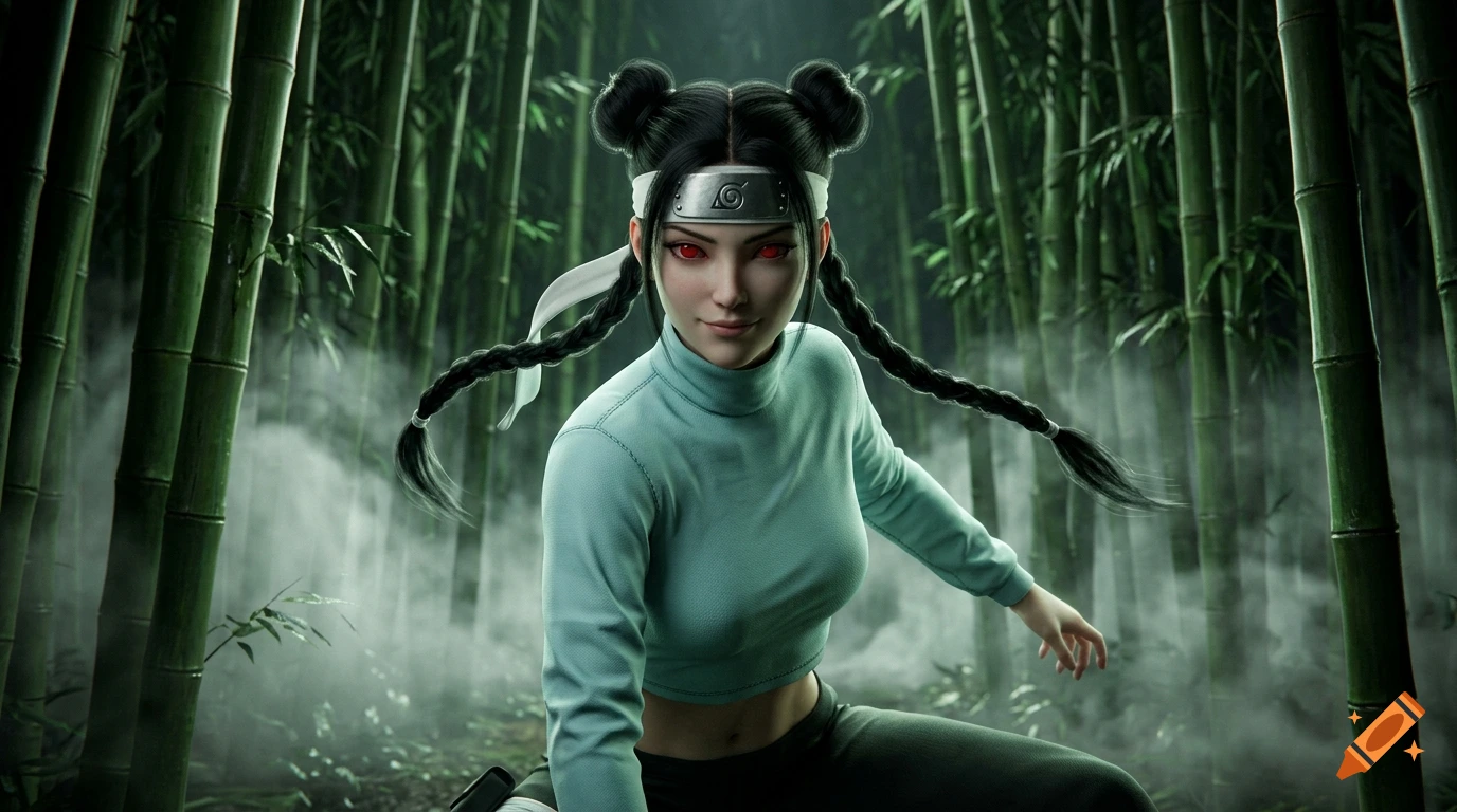 3D photorealistic anime-style kunoichi with black braided hair, red eyes, and ninja headband in a foggy bamboo forest.