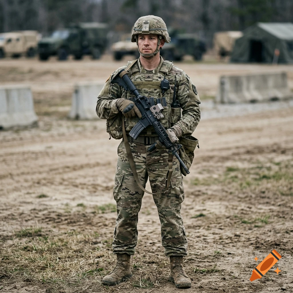 A soldier in full camouflage gear holding an assault rifle at an outdoor training area.