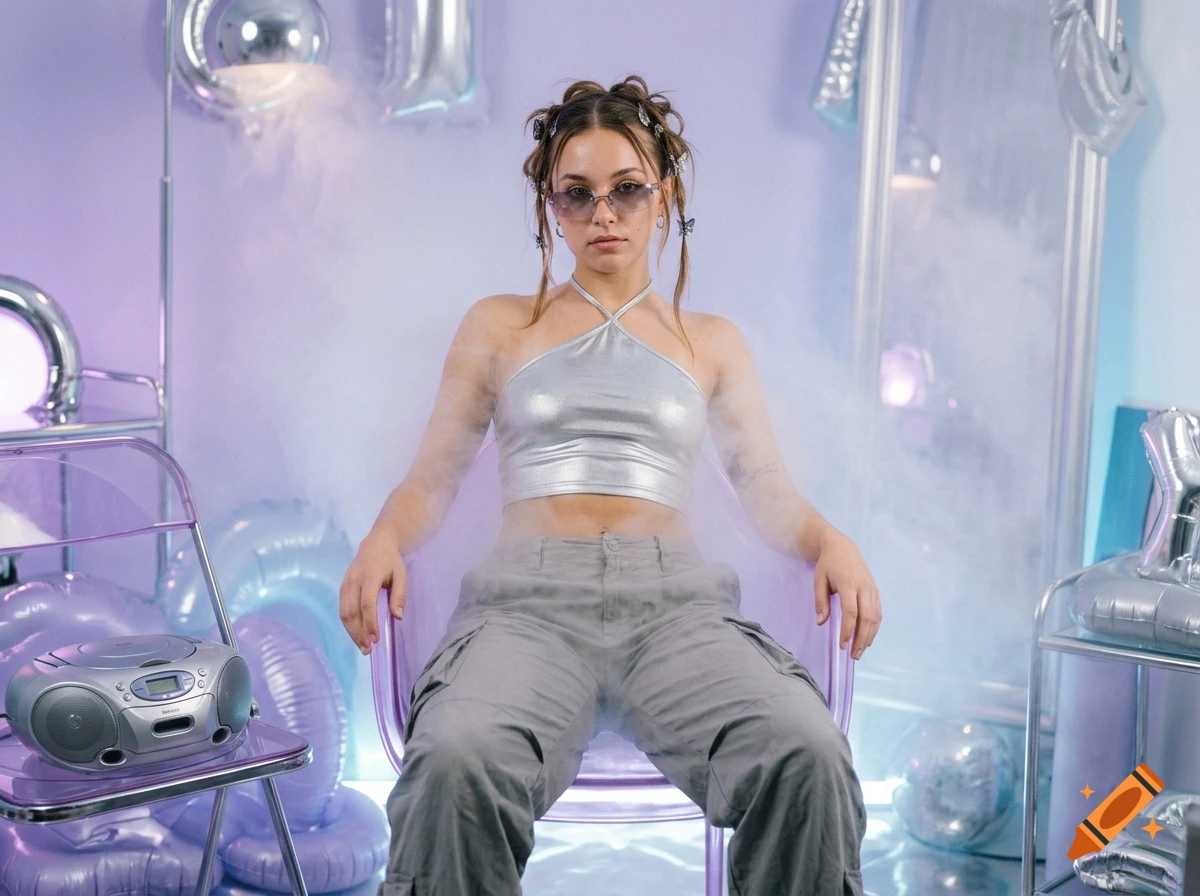 A young woman with sunglasses and hair clips sitting in a purple chair in a y2k-inspired room with a boombox.