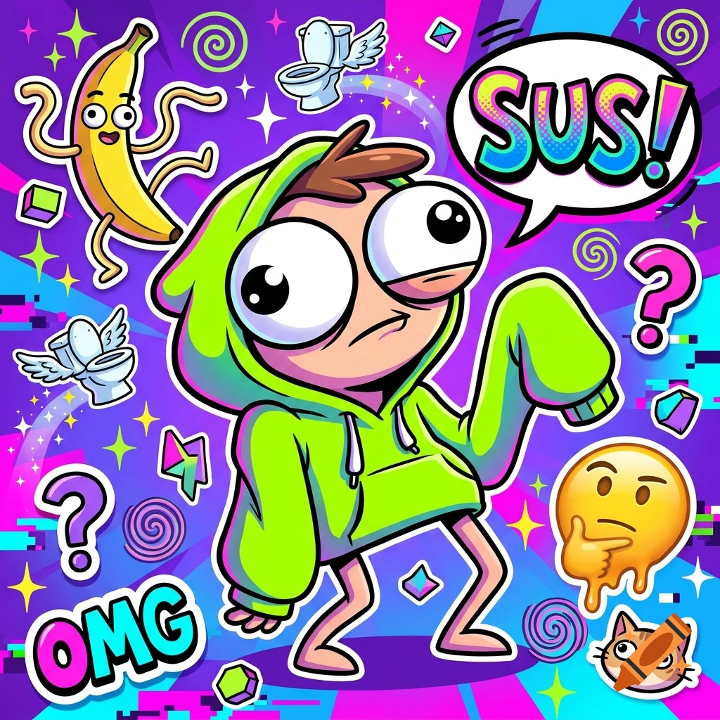 Colorful digital illustration of a cartoon character with giant eyes and a green hoodie surrounded by meme stickers.