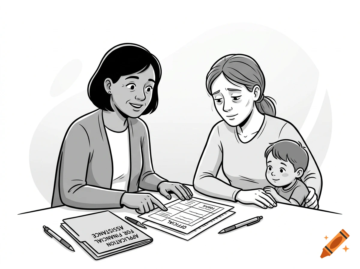 Black and white comic style illustration of a woman helping a mother and her toddler fill out paperwork.