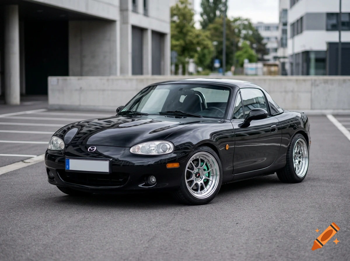 Photorealistic image of a black Mazda MX-5 NB parked in an asphalt lot with modern buildings in the background.