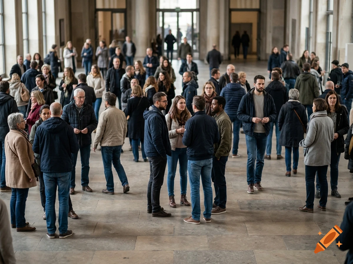 Photorealistic image of a large crowd of people gathering in a spacious indoor hall with pillars.