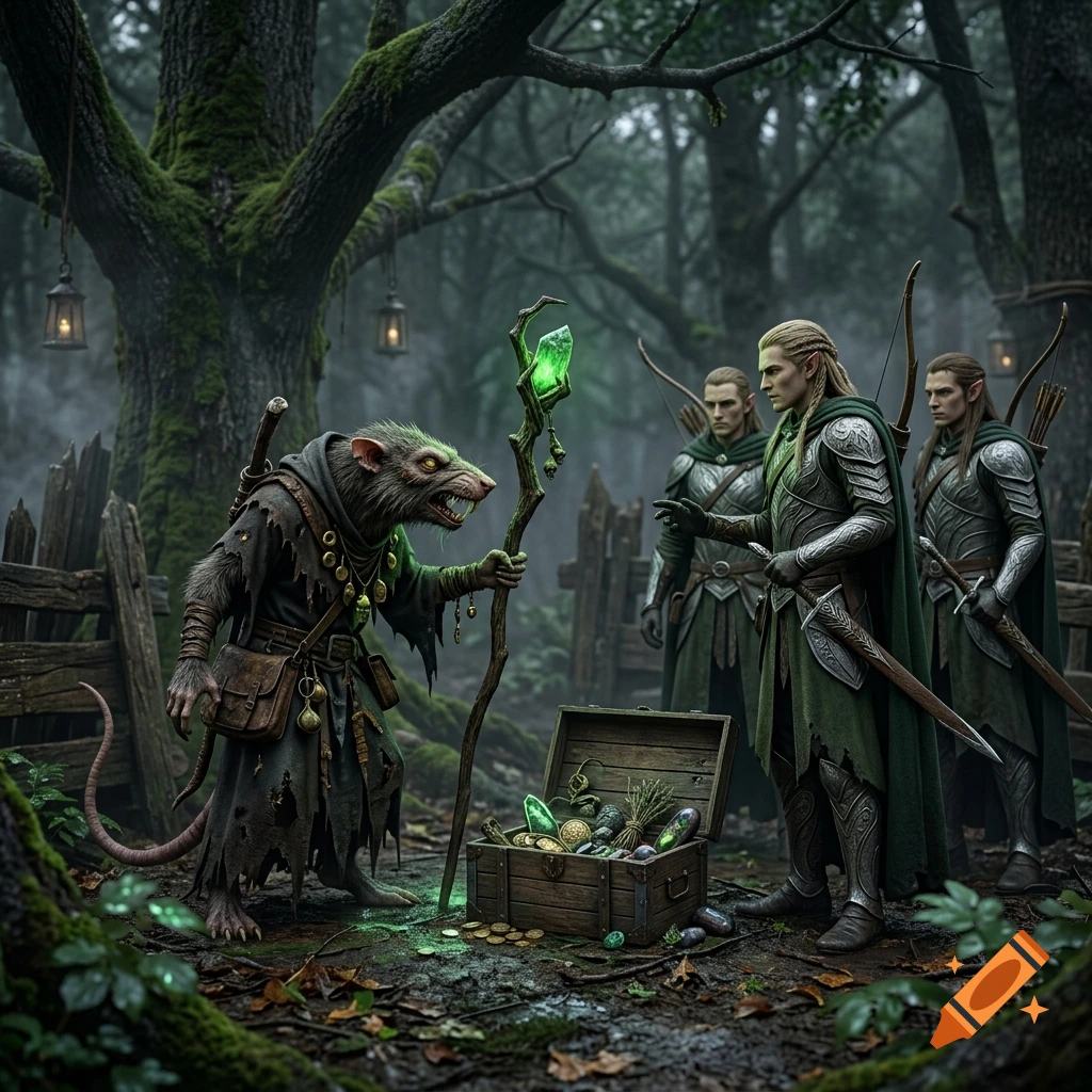 A rat-like warlock bartering with three elf warriors in a dark, mossy forest next to a chest of treasure.
