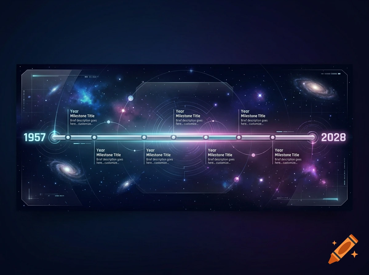 A futuristic timeline template stretching from 1957 to 2028 set against a deep space background with stars and galaxies.