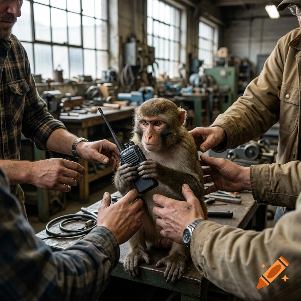 Photorealistic image of multiple people's hands surrounding a monkey holding a walkie-talkie inside a workshop.