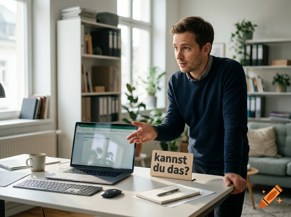 A man leaning against a desk in an office, looking towards a laptop displaying a spreadsheet and a sign with German text.