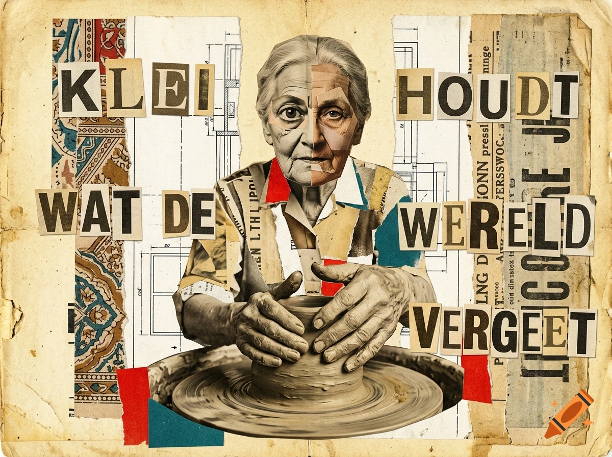 Dadaist photomontage collage featuring an elderly woman crafting pottery with fragmented facial features and cutout newspaper text.