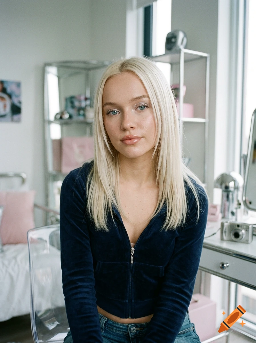 Photorealistic portrait of a young blonde woman with light blue eyes and makeup, wearing a dark blue zip-up hoodie in a bright room.